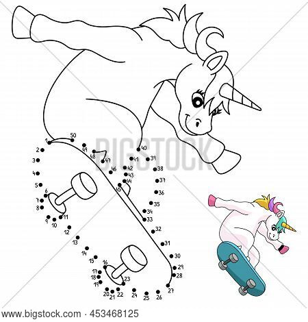 A Cute And Funny Connect The Dots Coloring Page Of A Unicorn On A Skateboard. Provides Hours Of Colo