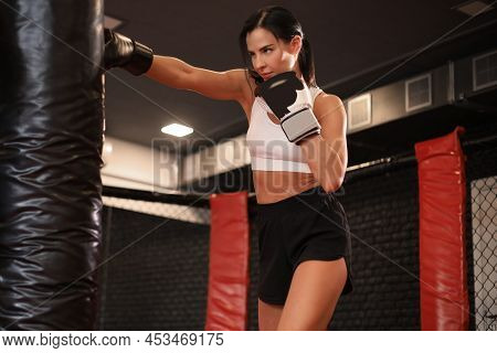 Young Woman Boxer Athletic Wearing Gloves Strikes Punching Bag During Training Preparation For Battl