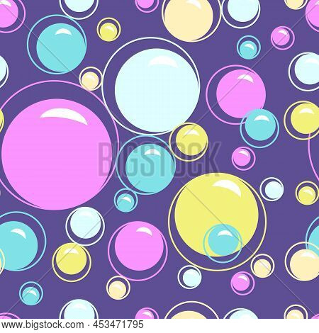Soap Bubbles Seamless Pattern. Color Foam Balls. Kids Wallpaper. Funny Abstract Fabric Print. Round 