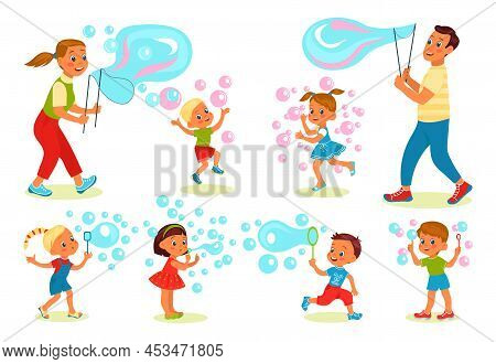 Soap Bubbles Show. Happy Kids And Parents Blowing Foam Balls. Cute Boys And Girls Activities. Adults