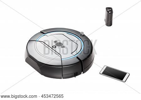 Modern Smartphone Controling Black Robotic Vacuum Cleaner Isolated On White Background