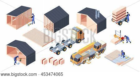 Modular Houses. Real Estate Building Isometric Pictures Garish Vector Template Of Construction Proce