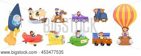Cartoon Kids In Transport. Child Airplane, Children And Vehicles And Boat. Funny Kid In Truck And Ho