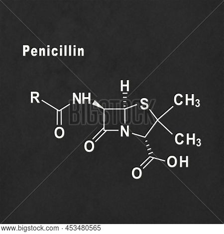 Penicillin, Antibiotic Drug, Structural Chemical Formula White On Black Background