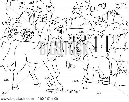 Agricultural Yard. Horse And Foal. Children Coloring Book.