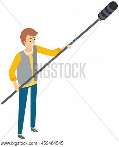 Sound Movie Technician Records Sound With Microphone, Equipment For Filming. Cinematography Industry