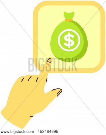 Hand Points To Money Bag Icon. Wealth, Success Symbol Vector Illustration. Sack Of Banknotes And Gol
