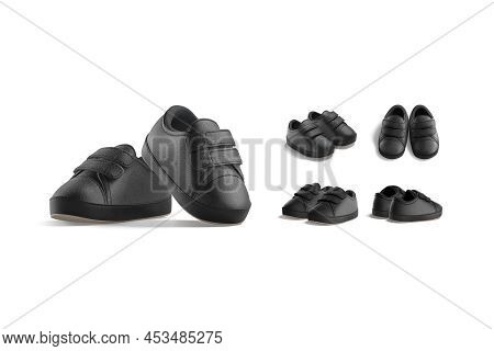 Blank Black Baby Shoes Pair Mock Up, Different Views, 3d Rendering. Empty Sneakers With Slipon For C