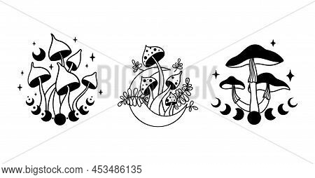 Mystical Space Mushroom And Moon Isolated Clip Art Bundle, Hand Drawn Line Celestial Mushrooms, Moon