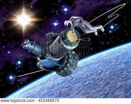 First Spacewalk From Voskhod-2 Spacecraft. 3d Rendering Background. 3d Illustration