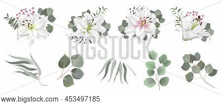 Vector Set Of Flowers And Herbs. White Lily, Various Plants, Leaves, Grass. Collection Of Greenery, 