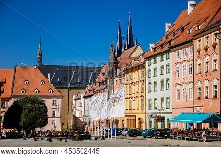 Cheb, Western Bohemia, Czech Republic, 14 August 2021: King George Of Podebrady Square, Eger At Sunn