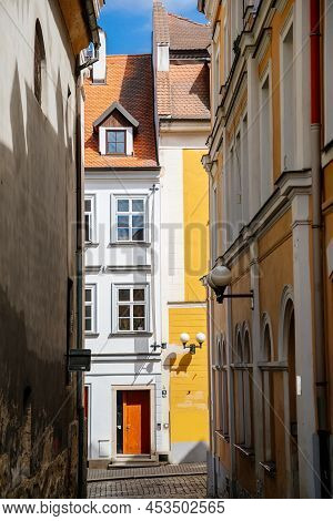 Cheb, Western Bohemia, Czech Republic, 14 August 2021: Narrow Picturesque Street With Medieval Color