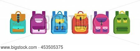 Backpack Vector Icon, School Bag Set, Colorful Cartoon Rucksack Isolated On White Background. Educat