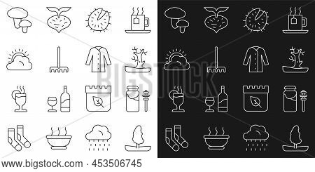 Set Line Tree, Jar Of Honey And Dipper Stick, Bare Tree, Chestnut, Garden Rake, Sun Cloud Weather, M