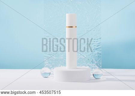 Unbranded Cosmetic Cream Mockup On Pedestal Podium With Stylish Props, Glass Balls And Acrylic Plate