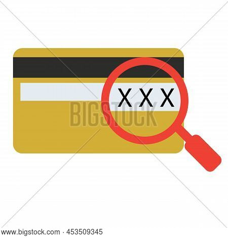 Cvv Code Icon On White Background. Cvv Code Icon With Credit Card And Magnifying Glass Sign. Flat St