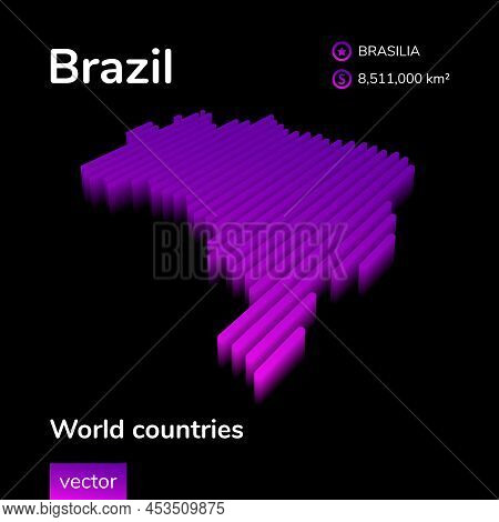 Brazil 3d Map. Stylized Neon Isometric Striped Vector Map Of Brazil Is In Violet Colors On Black Bac