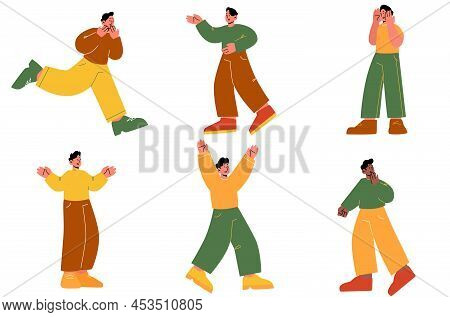 Startled Man Scream, Scared Male Character Run From Danger With Frightened Face, Yell, Shock, Phobia
