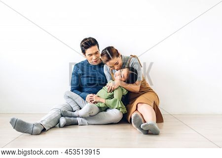 Portrait Enjoy Happy Smiling Love Asian Family Father And Mother With Young Parents Little Child Asi