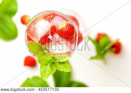 Raspberry Cocktail.summer Drink.raspberry Pink Drink.ice Cubes With Raspberries In A Glass With Wate