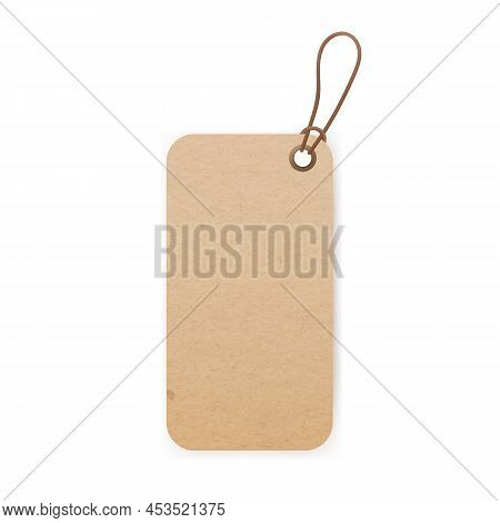 Kraft Cardboard Label On String, Thread. Craft Paper Carton Tag Hanging On Twine, Cord With Loop. Bl