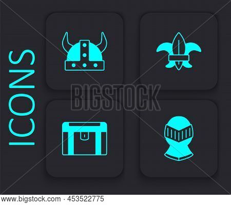 Set Medieval Helmet, Viking In Horned, Fleur De Lys Lily Flower And Antique Treasure Chest Icon. Bla