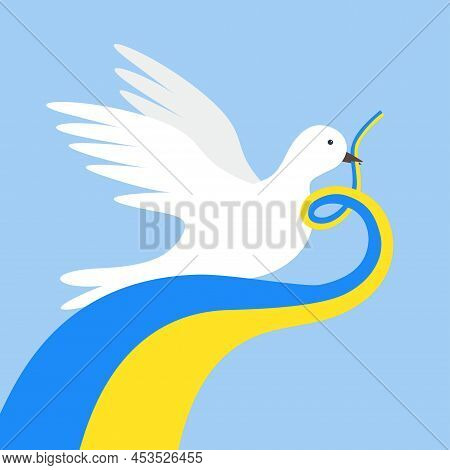 Pigeon With Ukrainian Ribbon. Dove Symbol Of Peace And Freedom. Stay With Ukraine Concept. Save Ukra