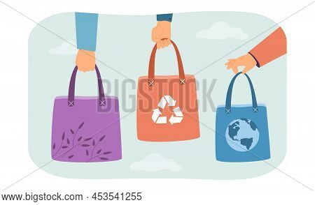 Hands Holding Eco Cloth Bags With Recycle Sign And Globe. People Shopping In Supermarket Or Store Fl