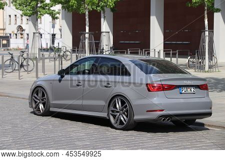 Dresden, Germany - May 10, 2018: Audi Rs3 High Performance Car In Trendy Nardo Grey Color Parked In 