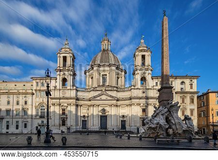 Rome, Italy - April 3, 2022: Church Of Saint Agnes And The Fountain Of Four Rivers (fontana Dei Quat