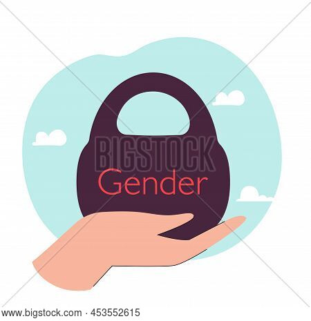 Hand Holding Heavy Kettlebell With Word Gender. Power Of Gender Bias, Pressure Of Inequality On Pers