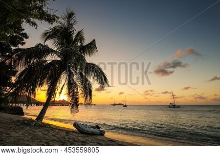 Sunset Over Hillsborough Bay, Carriacou Island, Grenada. Hillsborough Is The Largest Town On The Isl