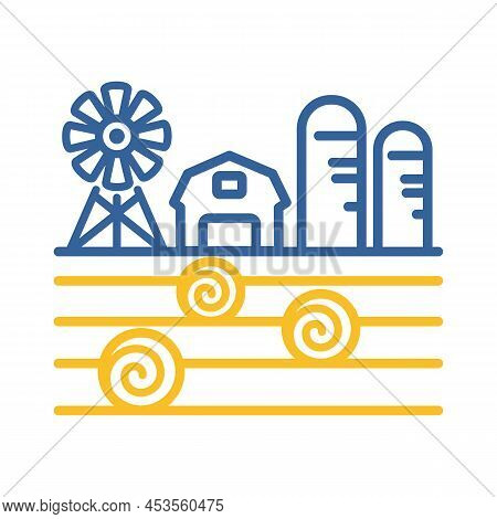 Farm Landscape With Barn, Windpump, Haystack And Granary Icon. Agriculture Sign. Graph Symbol For Yo