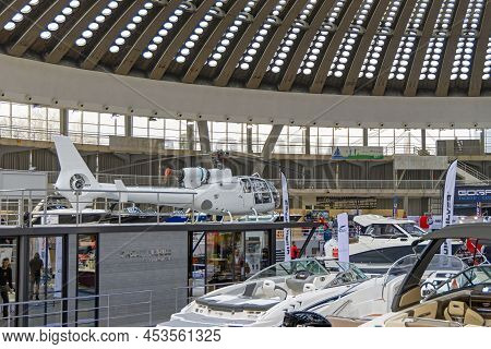 Belgrade, Serbia - April 07, 2022: Aerospatiale Gazelle Helicopter At Top Of House Boat And Yachts N