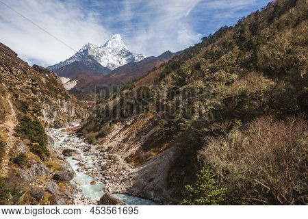 Bhote River And Ama Dablam Mount. Nepal, Sagarmatha National Park