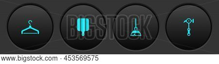 Set Hanger Wardrobe, Cutting Board, Handle Broom And Hammer Icon. Vector
