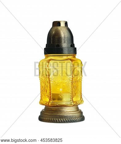 Yellow Grave Light With Burning Candle Isolated On White. Symbol Of Remembrance