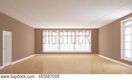 Interior Concept Of The Empty Room With Light Brown Walls, Parquet Floor, Large Full Wall Window, A 