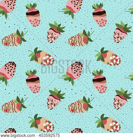 Seamless Pattern With Strawberry In Glaze, Chocolate, Sprinkle. Vector, Flat