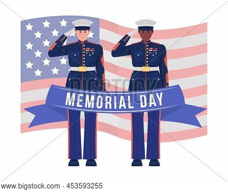 American Memorial Day 2d Vector Isolated Illustration. Soldiers And Flag Flat Characters On Cartoon 