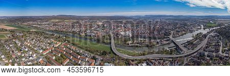 Aerial View Of Hameln On A Sunny Spring Day With A Clear Blue Sky And A Few Clouds. Lower Saxony. Ge