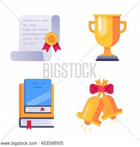 Graduation Day Icons, Books Diplom And Goblet