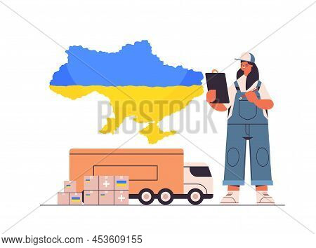 Delivery Woman Giving Help Boxes With Ukraininan Flag To Refugees Humanitarian Aid Material Assistan
