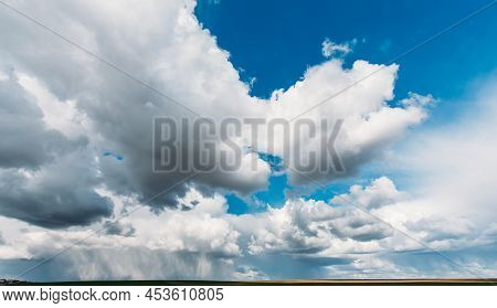 Sky During Rain Horizon Above Rural Landscape Field. Agricultural And Weather Forecast Concept. Stor