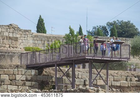 Merida, Spain - Oct 9th, 2021: Alcazaba Of Merida Viewpoint Platform Full Of Visitors. Extremadura, 