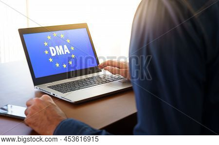 Dma And The Flag Of The European Union Displayed On A Modern Laptop