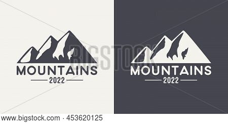 Vector Ventage Labels With Hand Drawn Mountains. 2022. Illustration For Ski Resort, Hiking, Climbing