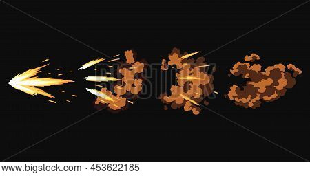 Gun Flashes Or Gunshot Animation. Cartoon Flash Effect Of Bullet Starts With Smoke And Sparkles. Fir
