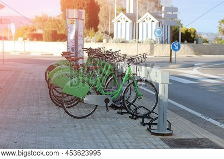 Castellon, Spain - 21 April 2022: Close Up Of Rental Bicycle Alignment Parked At The Station In The 
